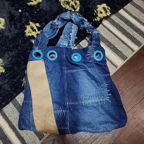 UPCYCLED Vintage Southpole extra large boho leather patchwork Hobo bag - Picture 12 of 12